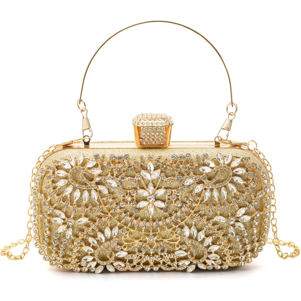 Elegant Gold Rhinestone Evening Clutch - Secure, Stylish Handbag For Weddings